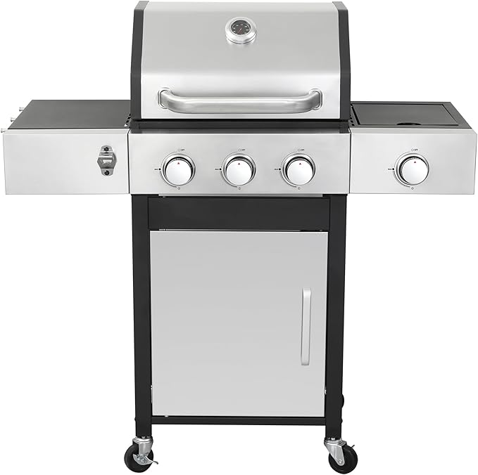 3-Burner Gas Grill with Side Burner, 37230 BTU Outdoor BBQ, Large Cooking Area with Enameled Cast Iron Grates, Locking Wheels & Foldable Side Tables for Patio & Backyard(3+1 Burner)