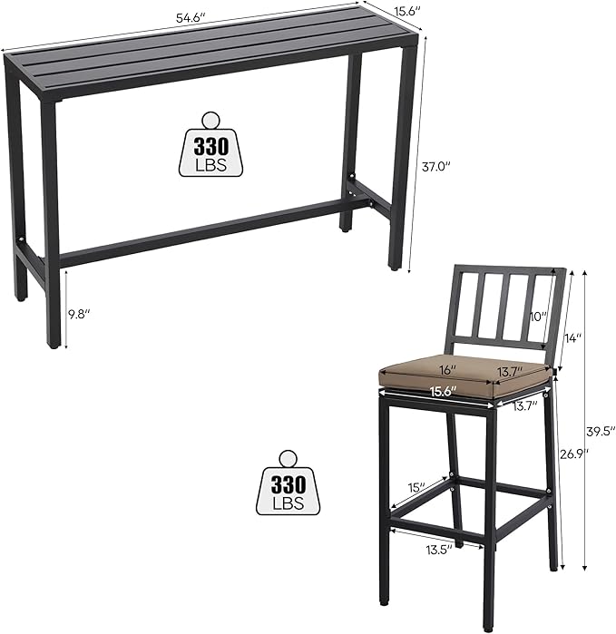 3-Piece Outdoor Patio Bar Set, Bar Height Patio Dining Set, Weather-Resistant Bistro Counter Pub Set with Cushions & Slatted Tabletop for Backyard, Garden, Yard