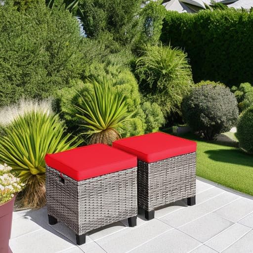 Tangkula 2 Pieces Patio Rattan Ottomans, Outdoor Wicker Footstool Footrest Seat with Soft Cushions and Steel Frame, All-Weather Patio Ottoman Set for Backyard Garden Poolside