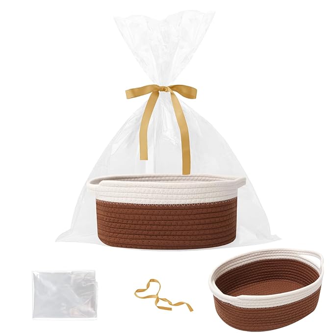 Gift Basket with Gift Bag and Ribbons,Small Rope Woven Shelf Storage,Baskets for Gifts Empty,Birthday,Baby Shower,Decorative Organizer Box with Handles(White&Brown)
