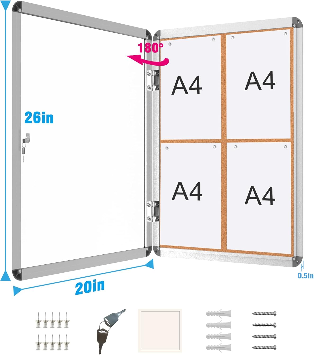 2 Pack 26"x20" Enclosed Bulletin Board, Lockable Weather-Resistant Aluminum Cork Noticeboard for School & Office, Silver Frame w/Cork