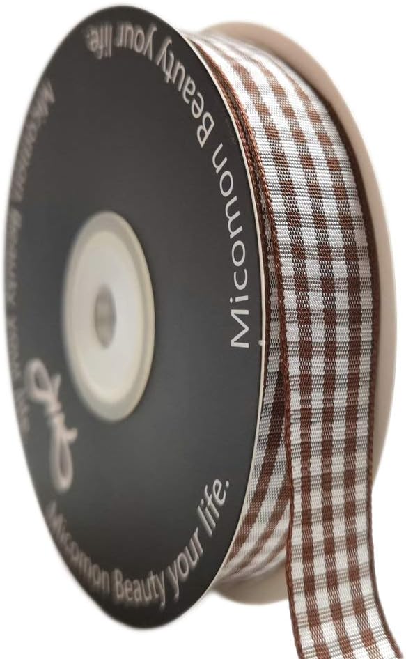 Micomon Brown and White Gingham Ribbon Buffillo Gingham Ribbon 25 Yards Each Roll 100% Polyester (5/8", Brown)