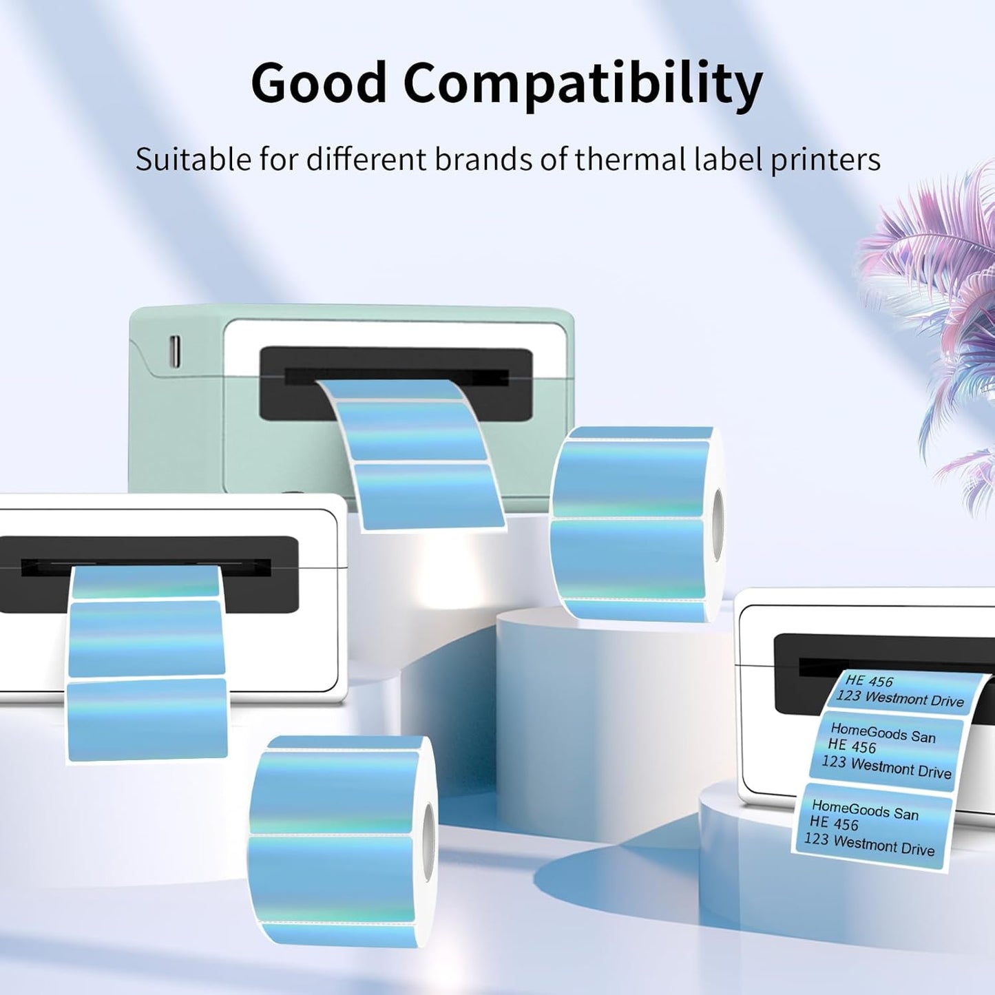 Direct Thermal Label 2x1 Inch- Barcode Labels- Holographic Thermal Sticker Labels for Address, Shipping, Compatible with Rollo Label Printer & MUNBYN& Zebra (300 Labels/Blue)