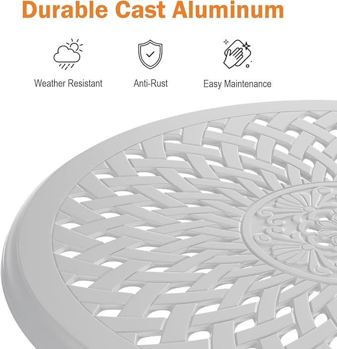 Cast Aluminum Outdoor Side Table, All Weather Round Bistro Table, Outdoor Coffee Table, Small End Table for Patio, Indoor, Lawn, Garden, White