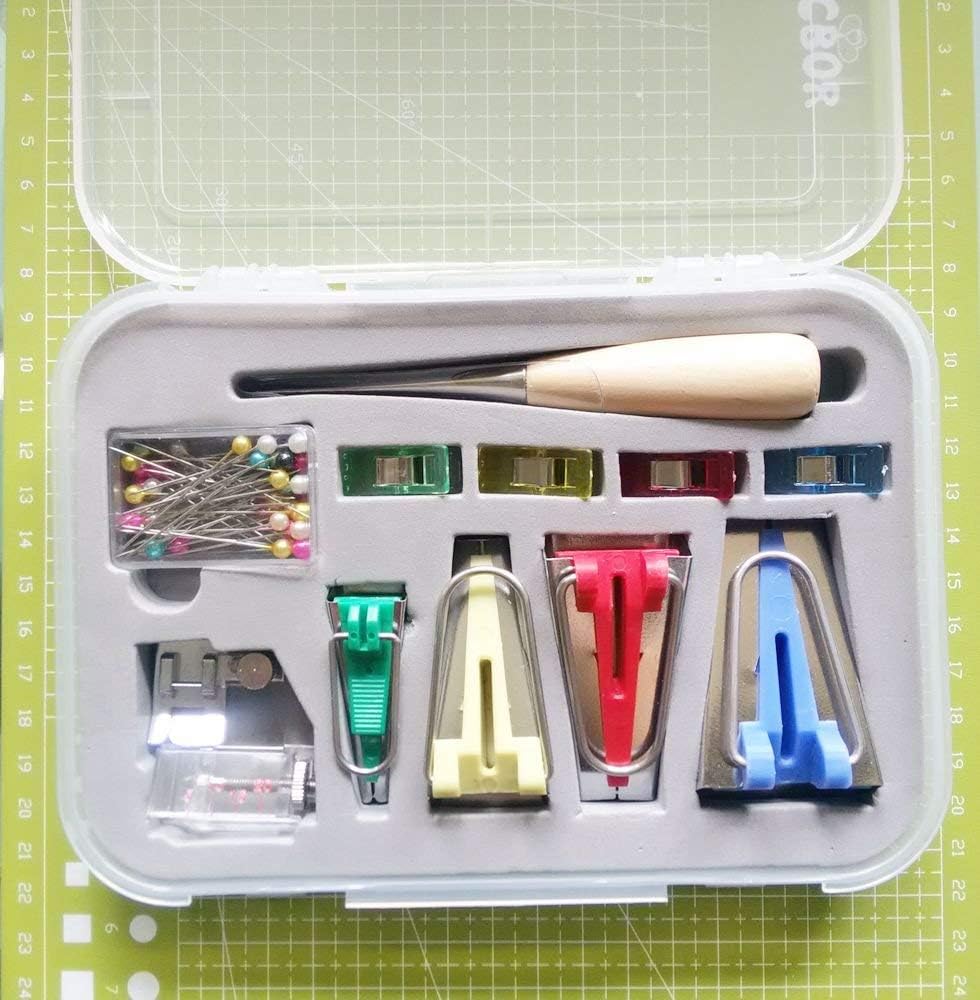 YICBOR Bias Tape Maker 6mm 12mm 18mm 25mm Fabric Bias Binding Maker with Binder Foot Bradawl Quilting Clips Sewing Pins Kit (bias Tape Maker Set)