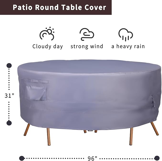 Round Patio Furniture Cover, Heavy Duty and Waterproof for Outdoor Furniture covers, Round outdoor table cover, Patio table cover 96"DIA x 31"H Grey