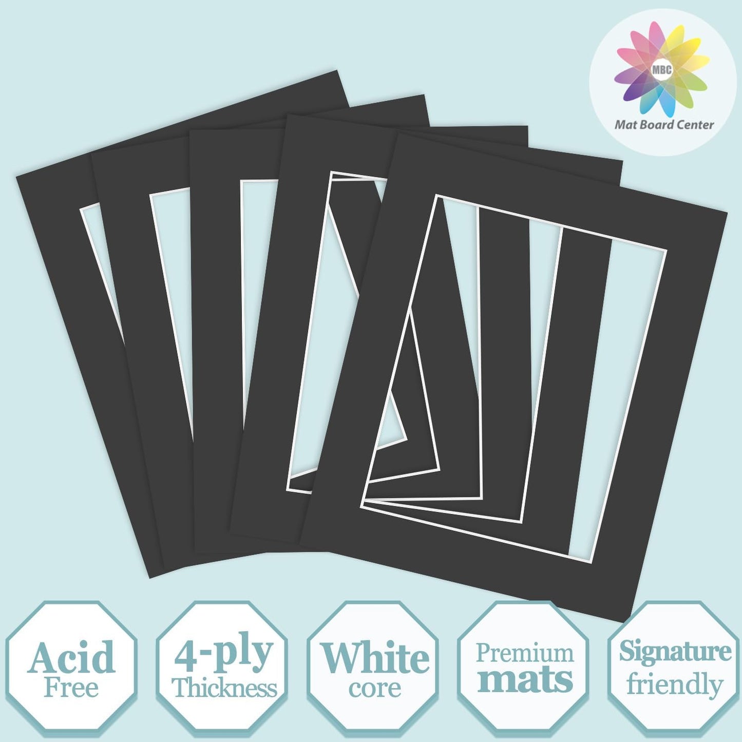 MBC Mat Board Center, 5 Pack 8x10 for 6x8 Black Picture Mats Frame Mattes, Bevel Cut, Acid Free, 4-ply Thickness