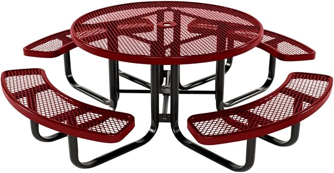 COATEDOUTDOORFURNITURE Heavy-Duty Portable Outdoor Kids Table with Umbrella Hole, Expanded Metal Kids Picnic Table, Commercial-Grade, Made in America (46 in, Round, Childrens, Textured Burgundy)