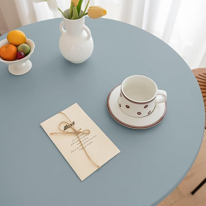Round Fitted PU Tablecloth with High Elastic Edge 59 Inch Dia Waterproof Oil Proof Table Cloth Anti-Scald Stain-Resistant Wipeable Table Cover for Indoor Outdoor Picnic (Blue,59" Dia)