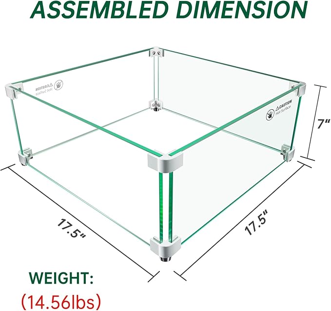 Fire Pit Wind Guard: 17.5" x 17.5" x 7" Square Fire Pit Glass Wind Guard for Outdoor Propane/Natural Gas Fire Pit Table, Thick Tempered Glass and Hard Aluminum Corner Bracket, Easy Assembly