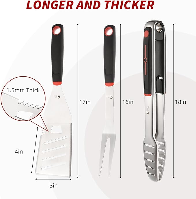 BBQ Tools Set, 4 PCS Heavy Duty Stainless Steel Spatula, Fork, Tongs with Portable Bag, Essential Accessories for Barbecue Outdoor Grill, Grilling Gifts for Men Dad Camp Chef