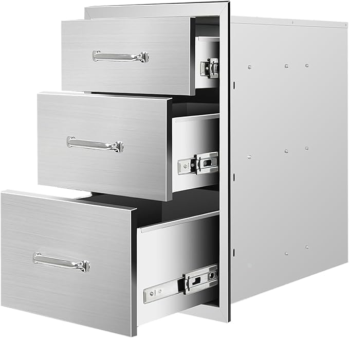 Outdoor Kitchen Drawers 14" W x 21" H x 23" D Stainless Steel Triple Drawers with Ergonomic Handle for BBQ Island, Patio Grill Station & Outdoor Kitchen Cabinets