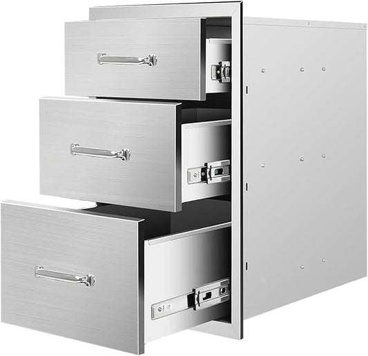 Outdoor Kitchen Drawers 14" W x 21" H x 23" D Stainless Steel Triple Drawers with Ergonomic Handle for BBQ Island, Patio Grill Station & Outdoor Kitchen Cabinets