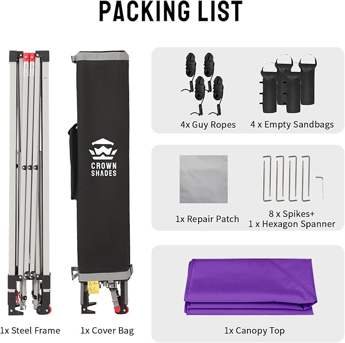 CROWN SHADES 10x10 Pop Up Canopy - Beach Tent with One Push Setup - Easy Outdoor Sun Shade for Events, Parties, Camping - Gazebo with STO-N-Go Cover Bag, Silver Coated Top, Purple