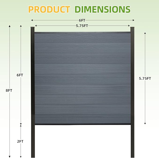 Mondaria Fence Privacy Screen with 8ft In-ground Posts, 6ft(H) x18ft(W) Wood Plastic Composite Fence Panels Weather-Resistant Outdoor Fence for Backyard/Garden (Gray, 4 Posts)