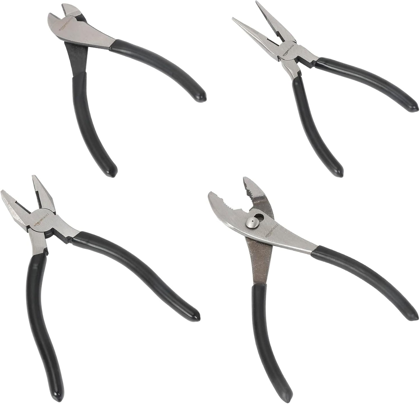Amazon Basics Pliers Set, Hand Tools for Precision, Set of 4, Black and Silver