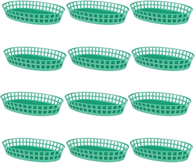 TrueCraftware- 7-7/8" Plastic Oval Fast Food Basket Green Set of 12- Fry Fast Food Baskets Oval -Shaped Tray for Fast Food Restaurant Supplies Deli Serving Chicken Burgers Sandwiches & Fries