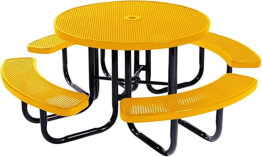 COATEDOUTDOORFURNITURE Heavy-Duty Portable Outdoor Picnic Table with Umbrella Hole, Punched Steel Commercial-Grade Patio Dining Furniture Made in America (46" Round Top, Textured Yellow)
