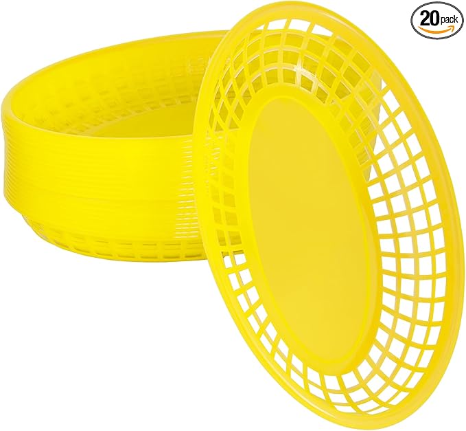 20 Pack Plastic Fast Food Baskets, 8.8" × 5.5" Small Oval Restaurant Serving Baskets Tray for Burgers, Sandwiches, Hot Dogs, Parties, Food Trucks, Reusable or Disposable, Stackable(Yellow)