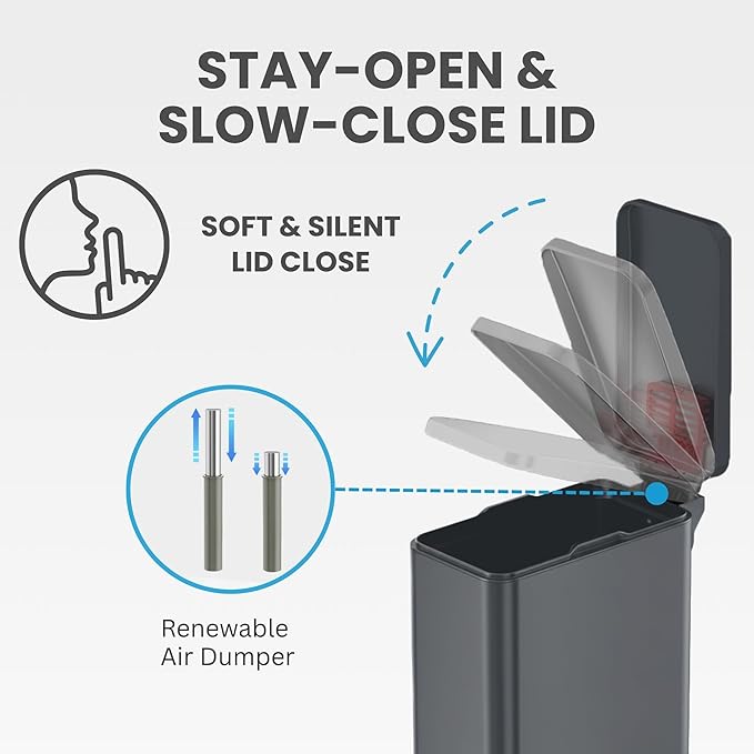 iTouchless SoftStep 3 Gallon (11.4L) Slim Bathroom Trash Can with Lid, Gunmetal Gray Stainless Steel Fingerprint-Proof, Silent Soft-Close Pedal AbsorbX Odor Filter Removable Bucket Dorm Bedroom Office