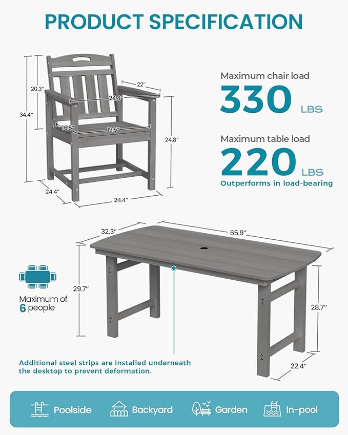 Ciokea HDPE Outdoor Patio Dining Chairs Set of 2, All-Weather Porch Chair with Wide Seat, Durable Outdoor Furniture for Backyard, Garden, Lawn & Poolside, Grey