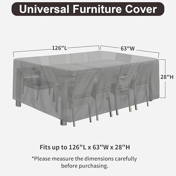 PureFit Patio Furniture Covers, Outdoor Table Furniture Cover Waterproof Rectangle, Patio Sectional Couch Set Cover for Deck, Lawn and Backyard, UV Resistant, 126"L x 63"W x 28"H, Gray