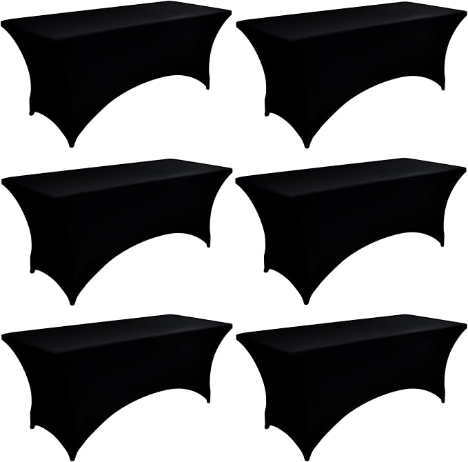 6-Pack 6ft Black Spandex Table Covers for Rectangle Standard Folding Tables - Wrinkle Resistant Stretch Tablecloths - Ultimate Fitted Table Protector for Parties, Trade Shows, Wedding