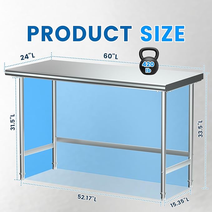 Treshin Stainless Steel Work Table Open Base 24" X 60", Commercial Heavy Duty Prep Table for Kitchen, Restaurant, Home, Hotel, Laundry