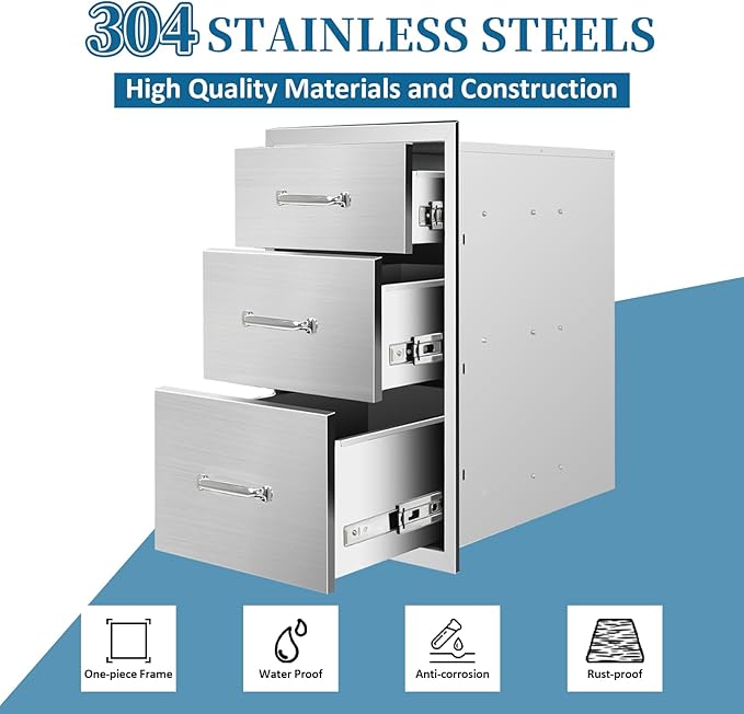 Outdoor Kitchen Drawers 20"Wx27"Hx23"D Flush Mount Access 3-Drawer BBQ Stainless Steel Drawers with Handle for Outdoor Kitchen Island or Grill Station