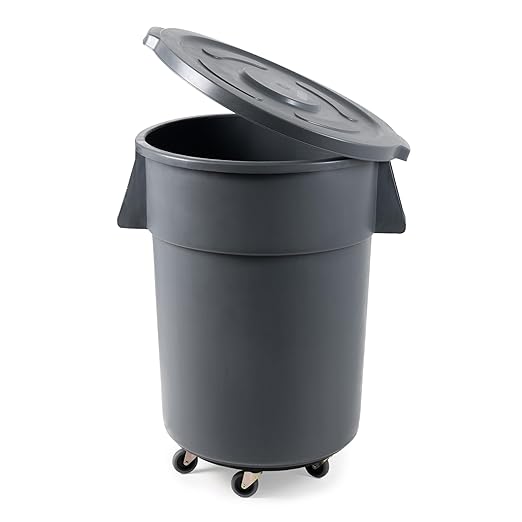 PRO&Family Commercial Round Trash Can with Lid and Dolly Rolling Waste Container, Ingredient Bin, Heavy-Duty Plastic, Anti-Static, Kitchen, Office, Outdoor Use (Gray, 55 Gallon)