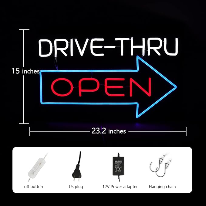 JFLLamp Large Drive Thru Open Neon Signs for Wall Decor Neon Lights for Bedroom Led Signs Suitable for Drive Thru Open Office Man Cave Bar Christmas 12V Power Adapter, 23.2*15Inch(Red + Blue+ White)