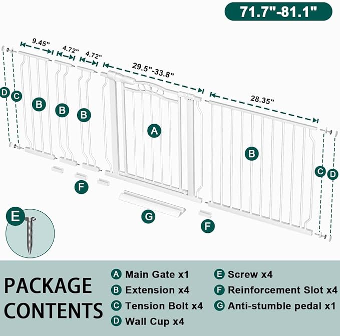 Fairy Baby 71.7"-81.1" Extra Wide Baby Gate with Door, Long Dog Gate for The House Doorway Stairs, Pressure Mounted Safety Gate for Child Kid, Auto Close Metal Pet Barrier with Arch Design, White