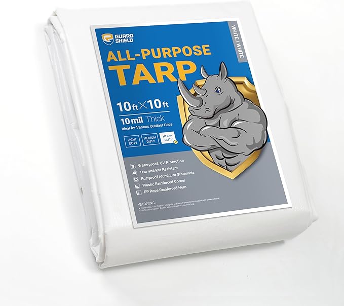 GUARD SHIELD Heavy Duty Tarp 10x10 Feet White Multi Purpose Thick Waterproof Poly Tarp Cover 10mil
