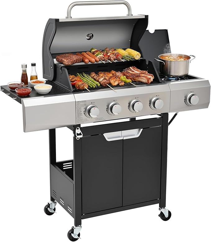 Upgraded 51,000 BTU Stainless Steel Burner Barbecue Grill, 4 Burner BBQ Propane Gas Grill with Side Burner, 452 sq.in Cooking Area with Porcelain for Patio, Camping, Outdoor Cooking