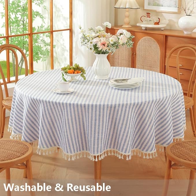 TruDelve 60 Inch Round Tablecloth Blue and White Striped Cloth Tablecloths Circle Fabric Outdoor Tablecloths for Round Tables (Blue,60",Round)