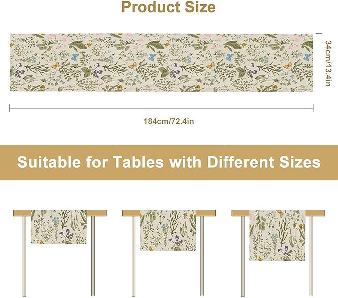 Vintage Wildflower Table Runner,Spring Floral Herbs Botanical Summer Butterfly Print Table Runner for Kitchen Dining Table Home Party Decor 13x120in