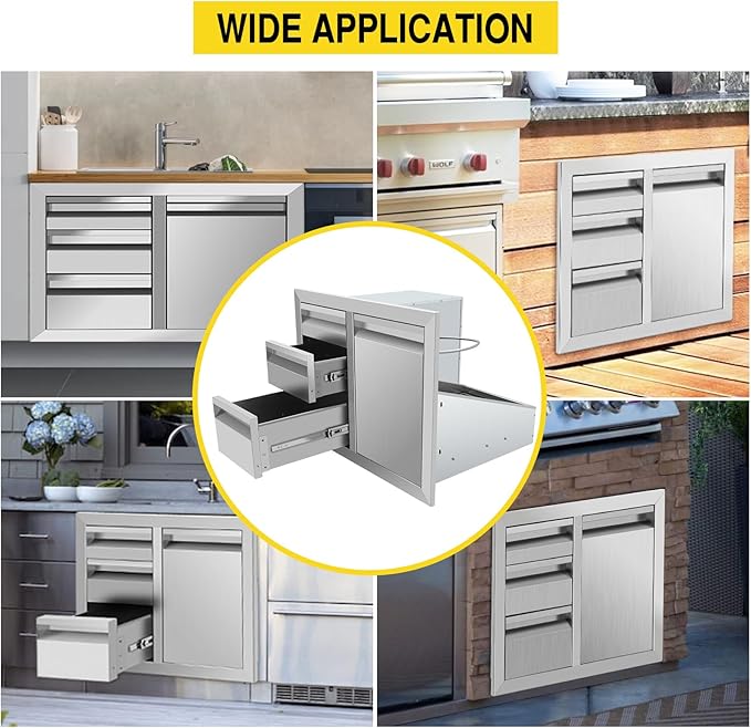 Outdoor Kitchen Drawer Combo, Stainless Steel Triple Drawers & 2 Trash Can Drawers,Enclosed Built-in Drawer Flush Mount For Outdoor Kitchens & BBQ Islands ﻿ ﻿,G1