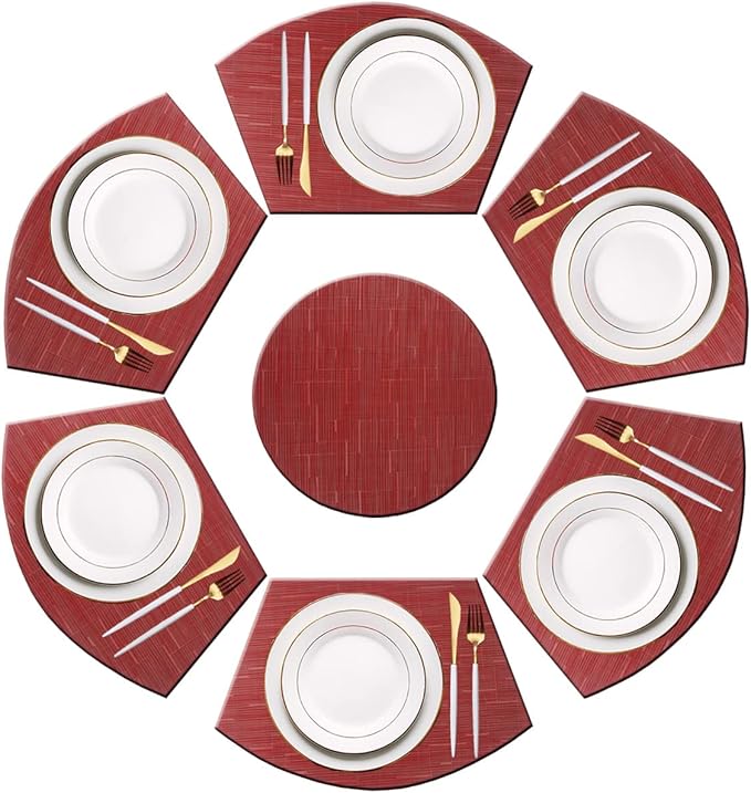 PIGCHCY Wedge Shaped Placemats Set of 6 with Centerpiece Round Mats Washable Kitchen Placemats Heat-Resistant Table Mats (Burgundy Red)