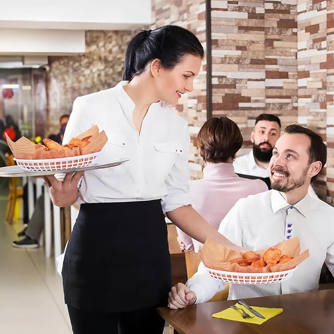 20 Pack Plastic Fast Food Baskets, 8.8" × 5.5" Small Oval Restaurant Serving Baskets Tray for Burgers, Sandwiches, Hot Dogs, Parties, Food Trucks, Reusable or Disposable, Stackable(White)