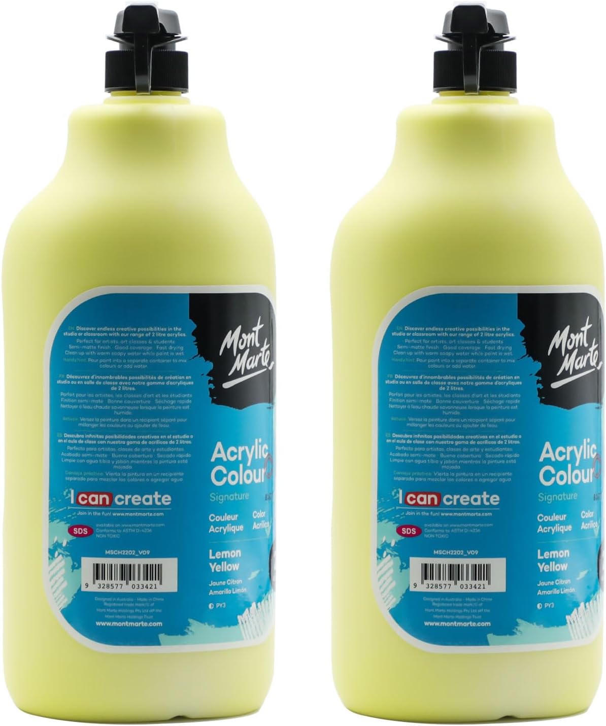 Mont Marte Discovery School Acrylic, 2 PACK, Lemon Yellow, 1/2 Gallon (2 Liter). Ideal for Students and Artists. Excellent Coverage and Fast Drying. Pump Lid Included.