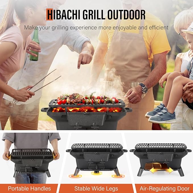Hibachi Grill Outdoor, Portable Mini Charcoal Grill, Pre-Seasoned Cast Iron, Small Japanese Yakitori Tabletop Skillet Grill Stove for Outdoor Camping
