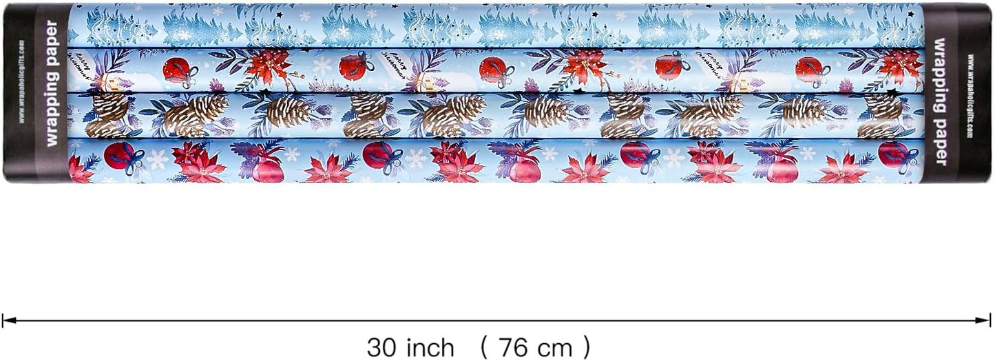 WRAPAHOLIC 30 Inch Christmas Wrapping Paper Roll - Jumbo Roll Red and Blue Snow Globe, Pinecone, Poinsettia, Christmas Tree Wrapping Paper - 4 Rolls - 30 Inch x 120 Inch Per Roll