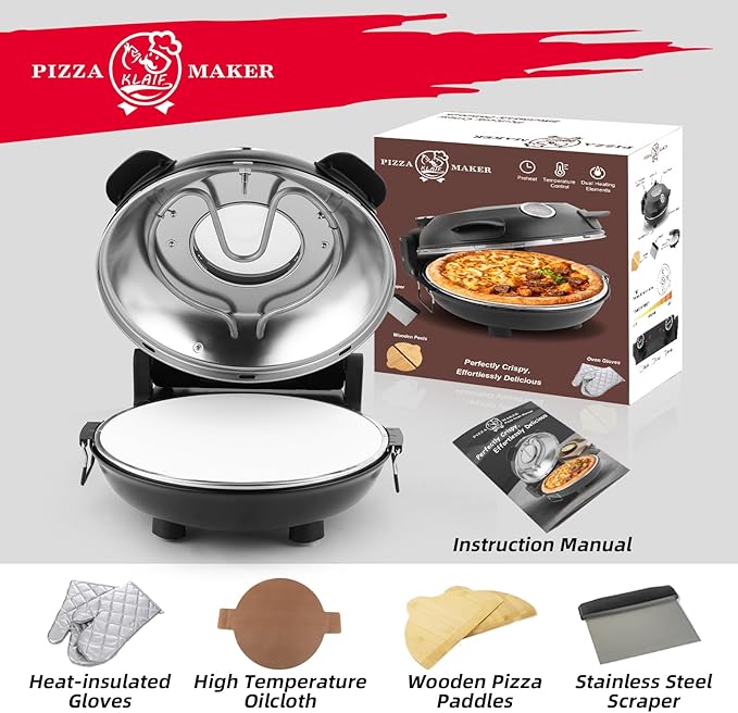 KLAIF 12" Electric Countertop Pizza Oven Indoor With Ceramic Stone, Dual Adjustable Temperature Controls, Includes 4 Pizza Tools, LMR-Black