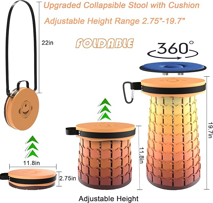ALEVMOOM Upgraded XXL Telescoping Stool with Cushion,Taller 50cm Wider 30cm Collapsible More Sturdy Capacity 1000Lbs,Portable Camping Adjustable Stool for Garden Fishing Hiking Mountain BBQ (Fire)