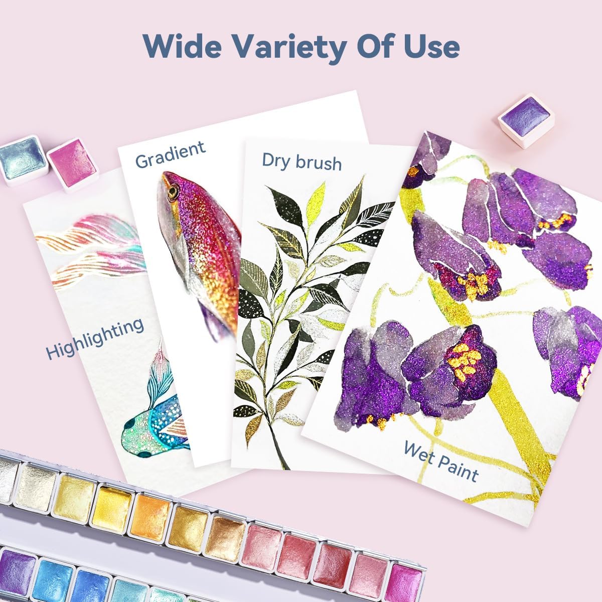 Paul Rubens Artist Watercolor Paints-Metallic Glitter Solid Colors-Pink Portable Metal Case with Palette-24 Color Set Sparkle Watercolor