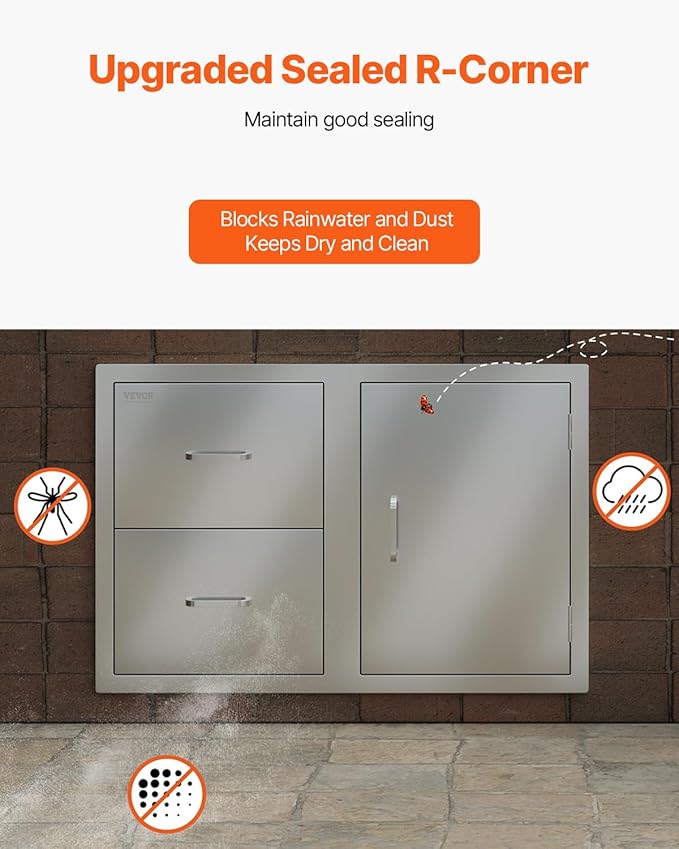 VEVOR Outdoor Kitchen Door Drawer Combo, 32.5" Wx21.7 Hx20.5 D, Access Door Double Drawers with Paper Towel Rack, BBQ Island Drawers with Stainless Steel Handles, 30.7" Wx20 Hx21 D Cutout Size