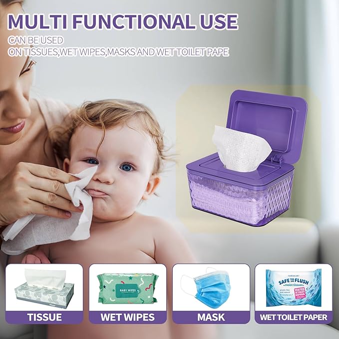 Wipes Dispenser, One-Handed Operation Wipe Holder for Baby & Adult, Seal-Designed Wipes Container for Bathroom Keep Diaper Wipes Fresh (Purple)