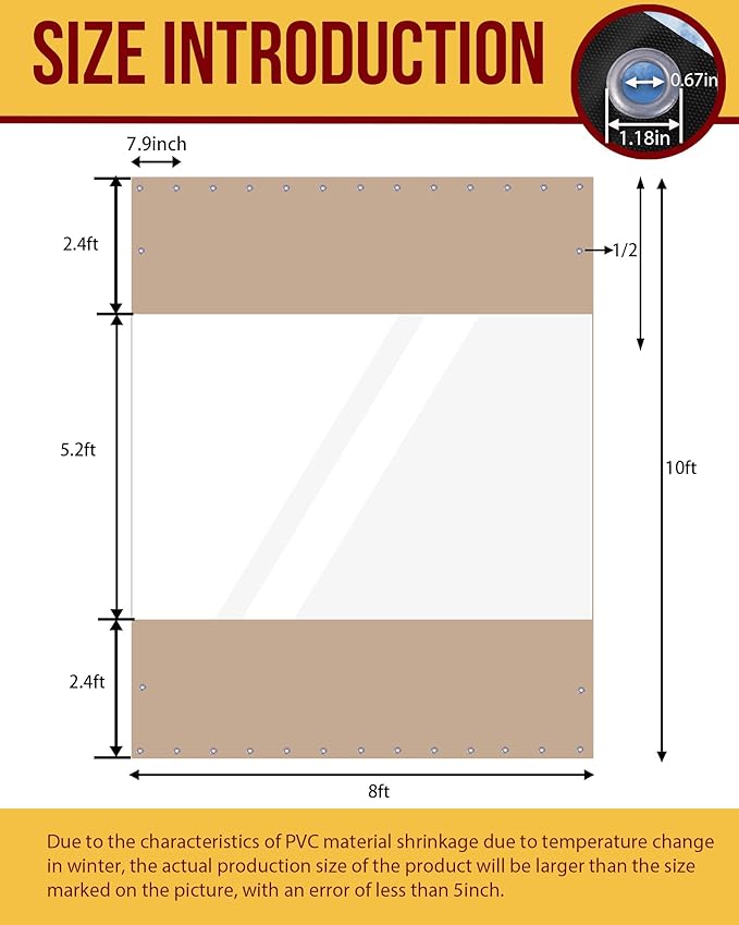 FoundGo 10'Hx08'W Outdoor Vinyl Curtains for Patio,19oz Clear Vinyl Patio Enclosure,Heavy Duty Clear Tarps Waterproof Vinyl Tarp with Grommets for Pergola, Porch,Gazebos,Balcony,-4℉ Cold Resistant