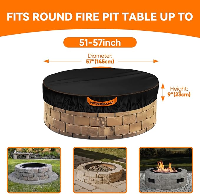 NEVERLAND Round Fire Pit Cover for In-Ground Fire Pits, 52-57 Inch Heavy Duty 600D Waterproof Outdoor Firepit Cover, Fits Built-In Stone Fire Pits, Orange