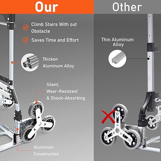 Stair Climbing Cart, 220 LBS Aluminum Stair Climber Dolly, Heavy Duty Folding Hand Truck Dolly with 6 Wheels, Telescoping Handle and Elastic Rope for Home, Moving, Groceries, Warehouse